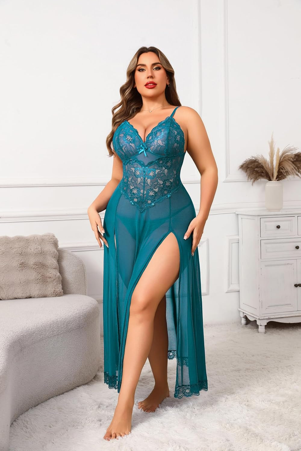 plus Size Lingerie for Women Sexy Lace Babydoll Long Lingerie Dress Side Split Nightgown