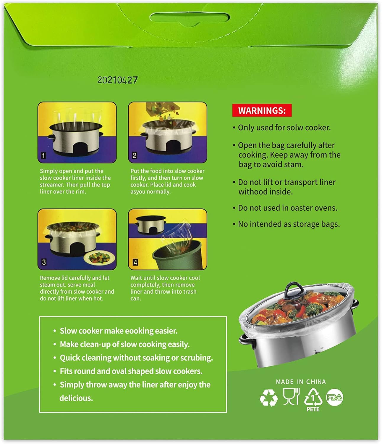 Slow Cooker Liners Disposable Cooking Bags Large Size Pot Liners Fit 4QT to 8.5QT Suitable for Oval & round Pot (20 BAGS)