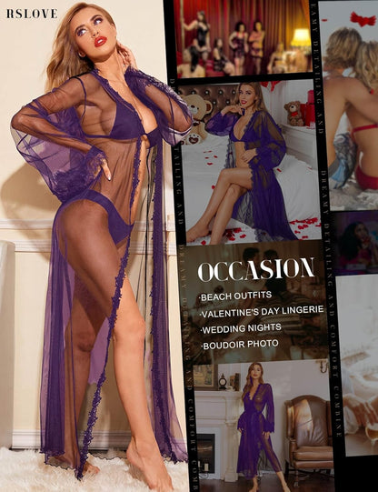 Lingerie for Women Sexy Long Lace Kimono Robe Mesh Chemise Lace Gown Swimsuit Cover Up