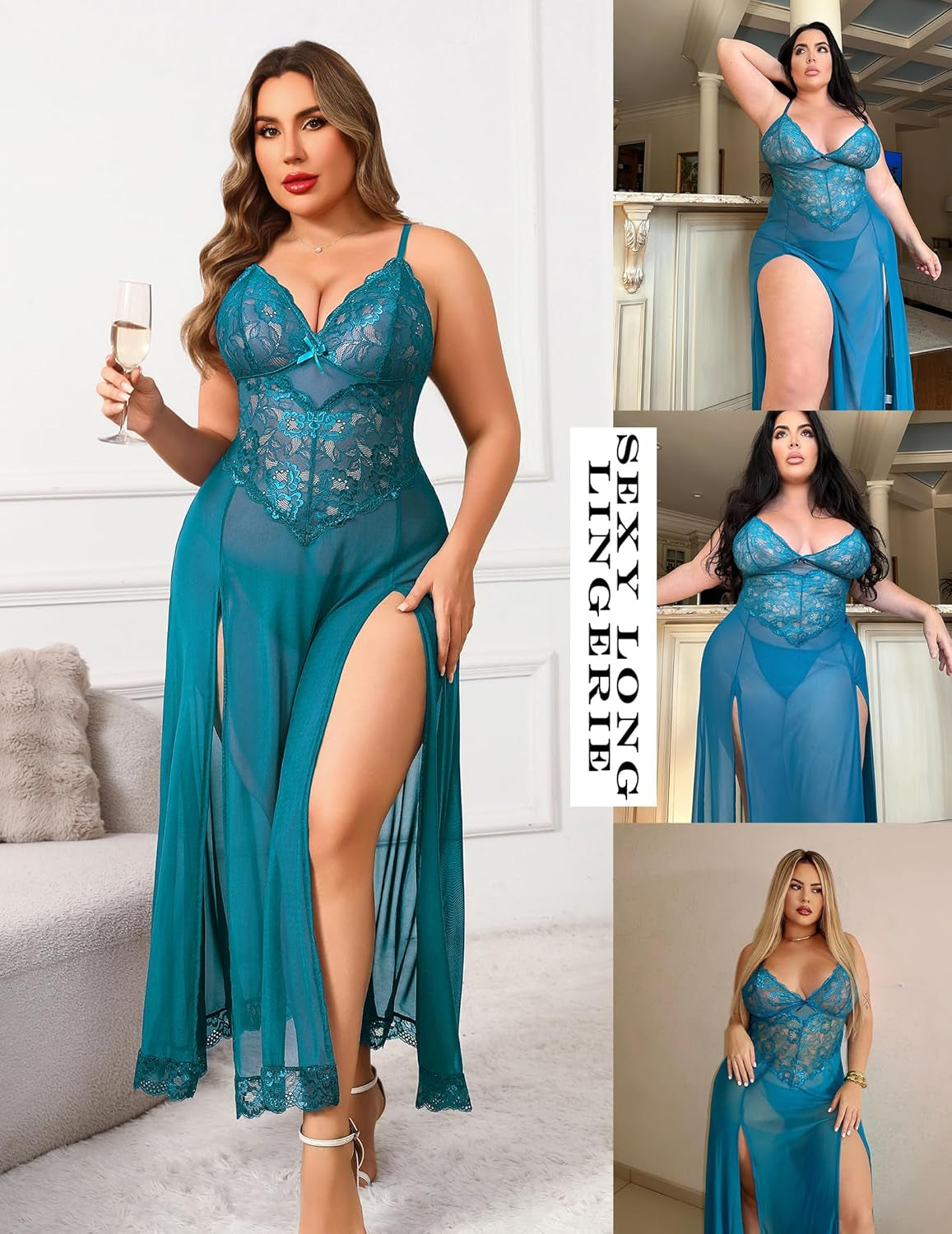 plus Size Lingerie for Women Sexy Lace Babydoll Long Lingerie Dress Side Split Nightgown