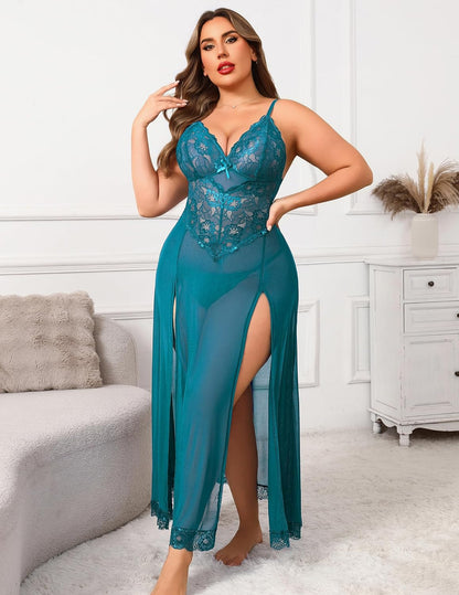 plus Size Lingerie for Women Sexy Lace Babydoll Long Lingerie Dress Side Split Nightgown