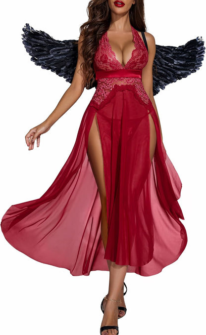 Women Lingerie Deep V Neck Nightwear One Piece Sexy Nightgowns Mosaic Lace Mesh Dress