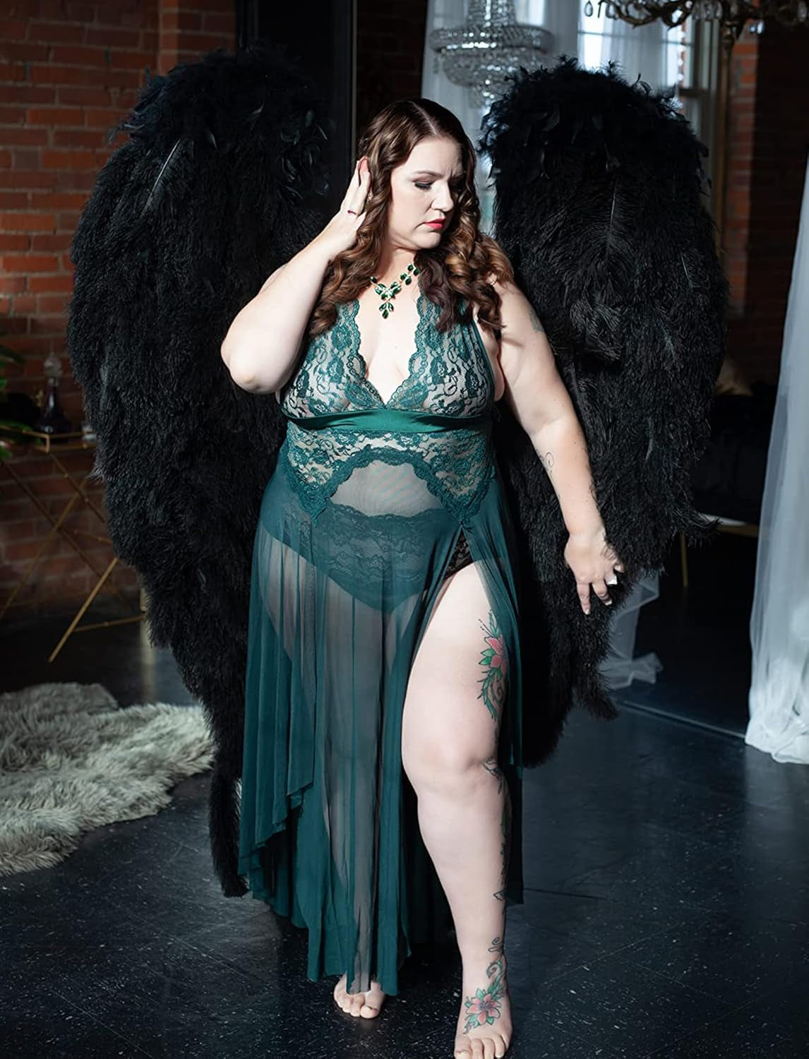 Women Lingerie Deep V Neck Nightwear One Piece Sexy Nightgowns Mosaic Lace Mesh Dress