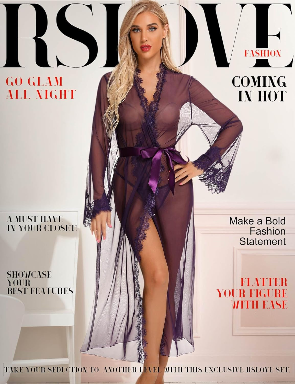 Lingerie for Women Sexy Long Lace Kimono Robe Mesh Chemise Lace Gown Swimsuit Cover Up