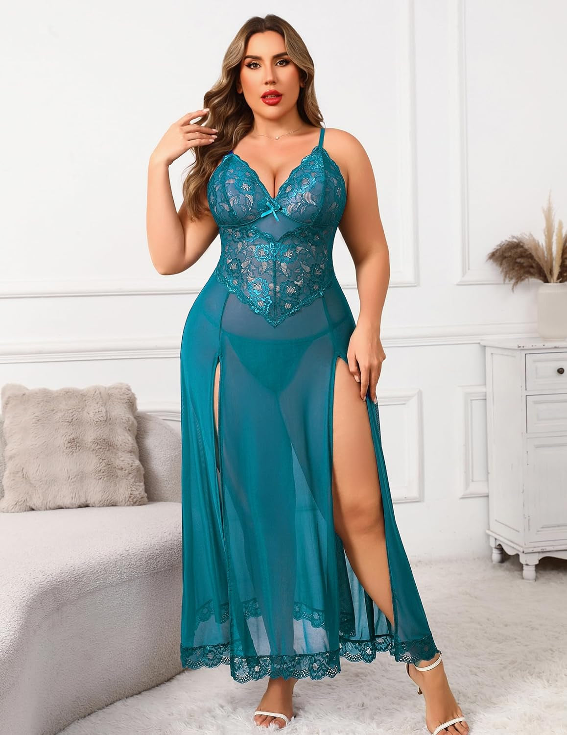 plus Size Lingerie for Women Sexy Lace Babydoll Long Lingerie Dress Side Split Nightgown