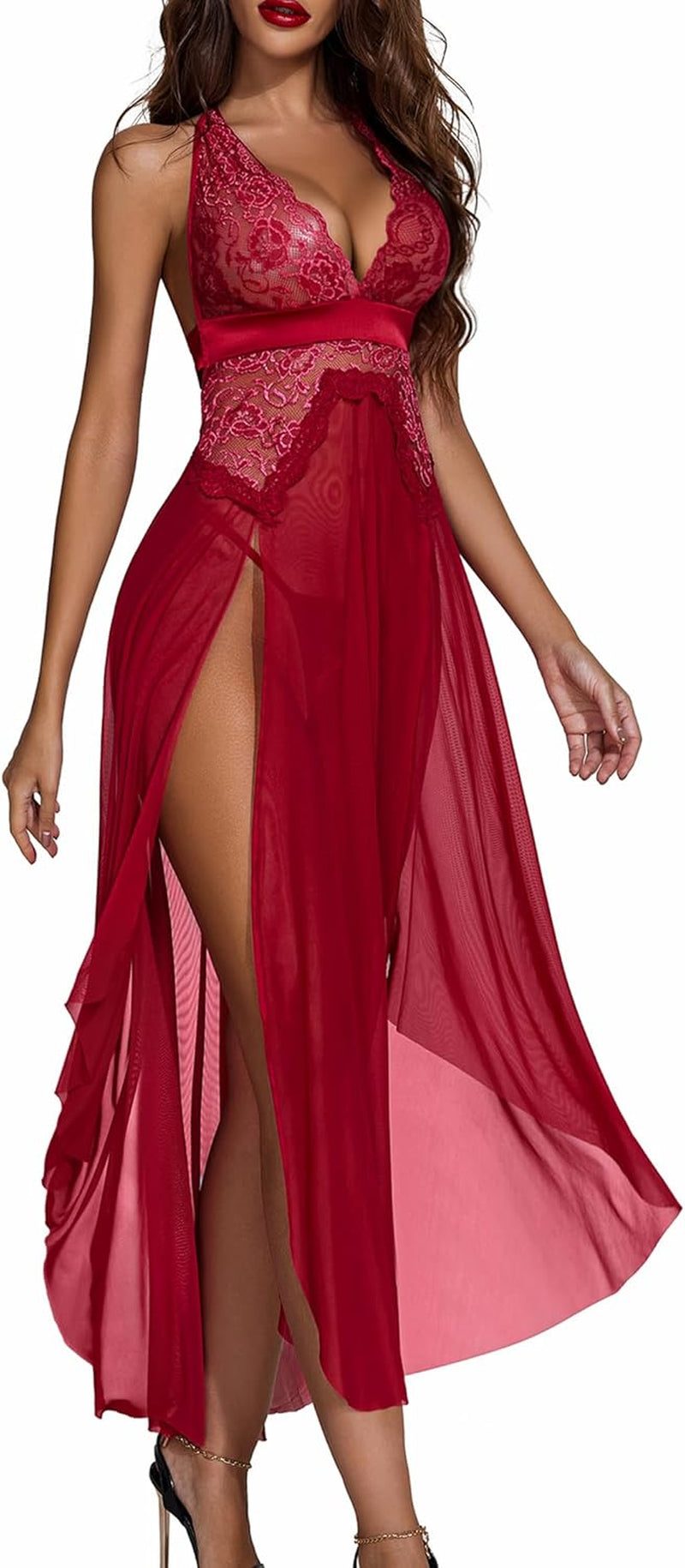 Women Lingerie Deep V Neck Nightwear One Piece Sexy Nightgowns Mosaic Lace Mesh Dress