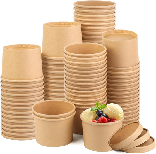 50 Pack 12 Oz Paper Soup Cups with Lids, Disposable Kraft Paper Bowls, to Go Soup Containers, Ice Cream Containers for Dessert Yogurt Ice Cream