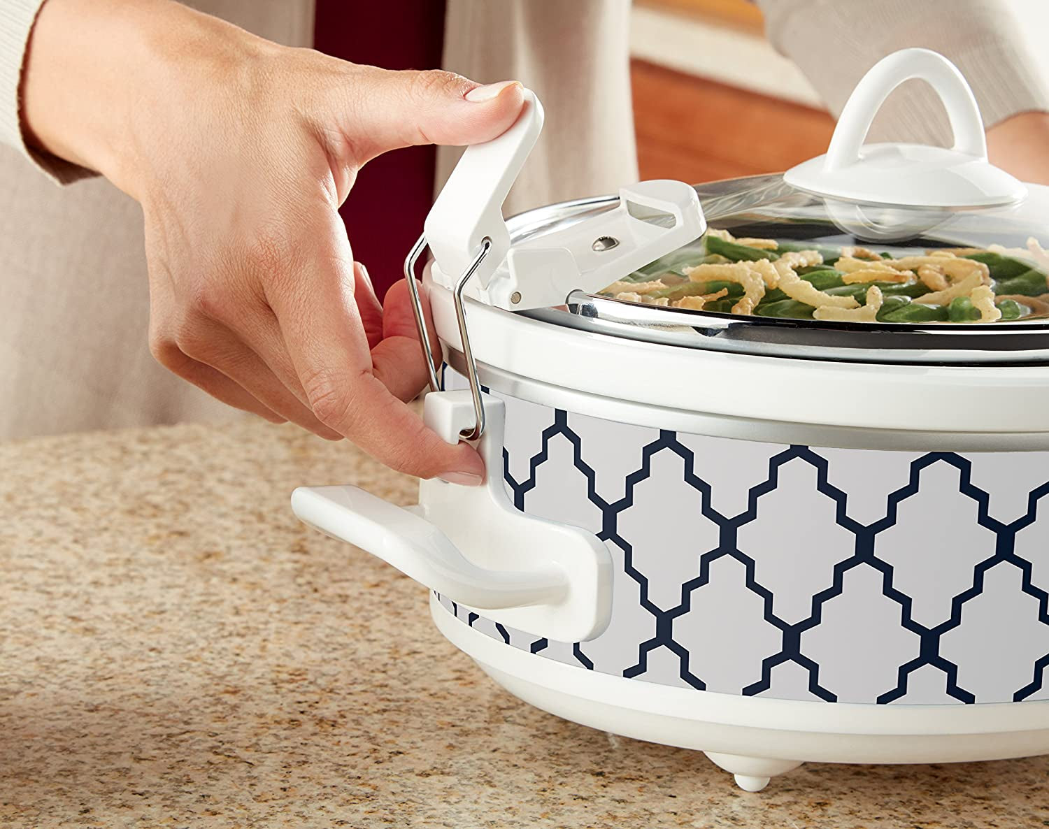 Small 2.5 Quart Casserole Slow Cooker in White/Blue, Enjoy Eye-Catching Quick Meals, Durable and Compact