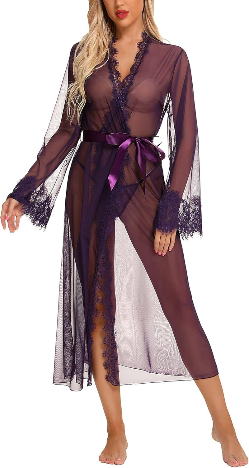 Lingerie for Women Sexy Long Lace Kimono Robe Mesh Chemise Lace Gown Swimsuit Cover Up