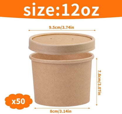 50 Pack 12 Oz Paper Soup Cups with Lids, Disposable Kraft Paper Bowls, to Go Soup Containers, Ice Cream Containers for Dessert Yogurt Ice Cream