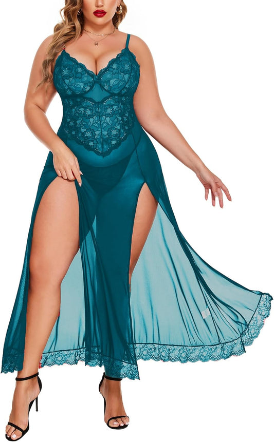 plus Size Lingerie for Women Sexy Lace Babydoll Long Lingerie Dress Side Split Nightgown