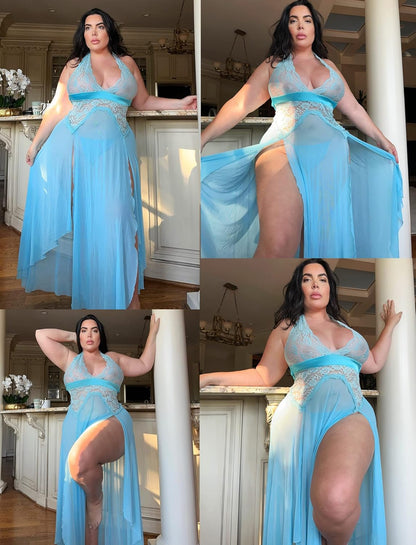 Women Lingerie Deep V Neck Nightwear One Piece Sexy Nightgowns Mosaic Lace Mesh Dress