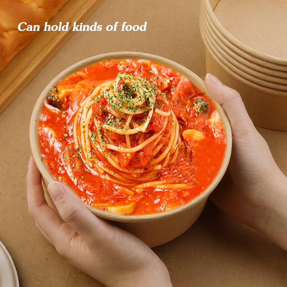 50 Pack 25 Oz Kraft Paper Bowls with Lid, Paper Salad Bowls, Disposable Food Container, to Go Food Container for Party, Salad, Soup, Ice Cream