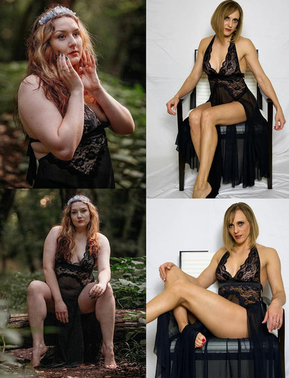 Women Lingerie Deep V Neck Nightwear One Piece Sexy Nightgowns Mosaic Lace Mesh Dress