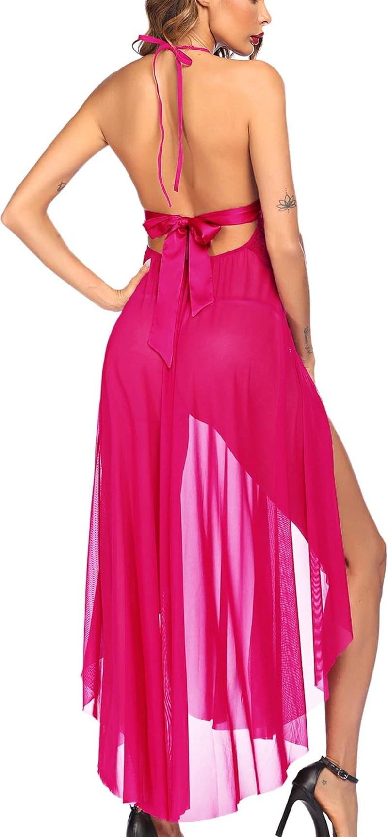 Women Lingerie Deep V Neck Nightwear One Piece Sexy Nightgowns Mosaic Lace Mesh Dress