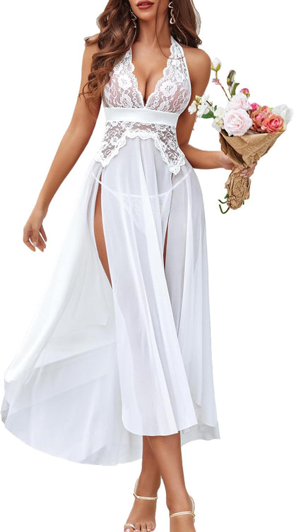 Women Lingerie Deep V Neck Nightwear One Piece Sexy Nightgowns Mosaic Lace Mesh Dress