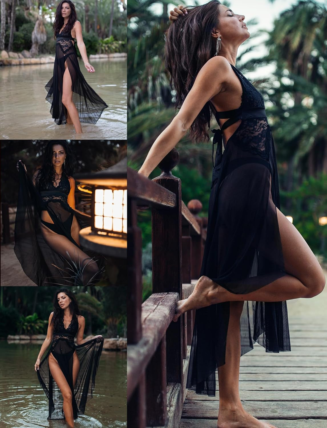 Women Lingerie Deep V Neck Nightwear One Piece Sexy Nightgowns Mosaic Lace Mesh Dress