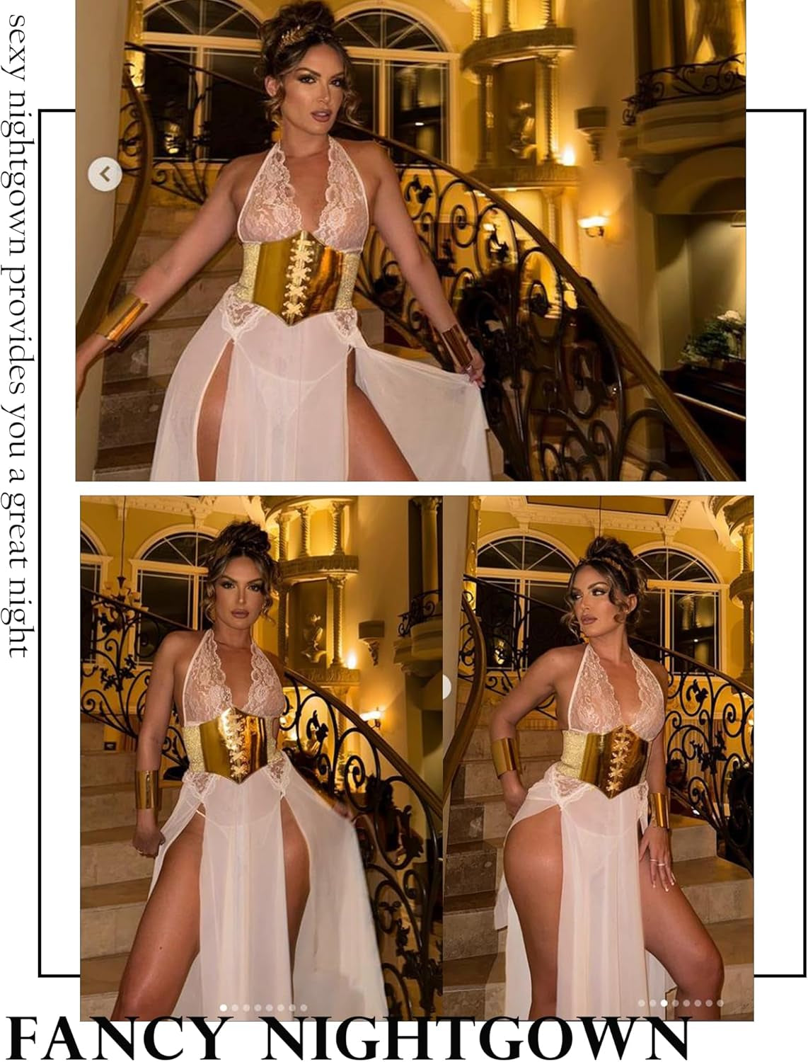 Women Lingerie Deep V Neck Nightwear One Piece Sexy Nightgowns Mosaic Lace Mesh Dress