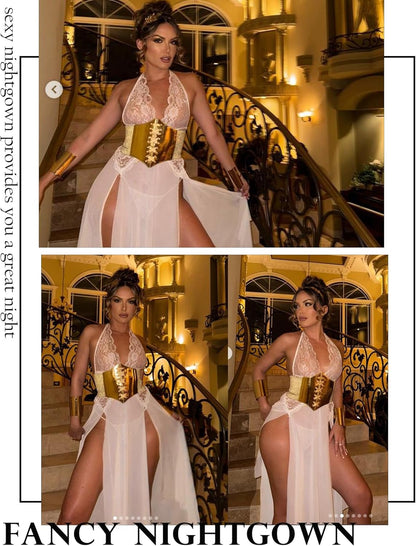 Women Lingerie Deep V Neck Nightwear One Piece Sexy Nightgowns Mosaic Lace Mesh Dress