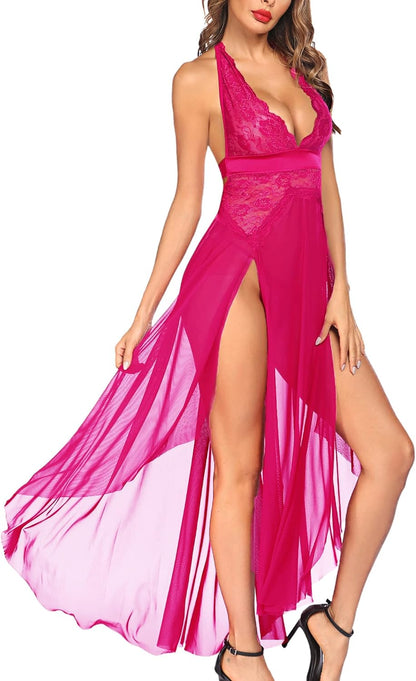 Women Lingerie Deep V Neck Nightwear One Piece Sexy Nightgowns Mosaic Lace Mesh Dress