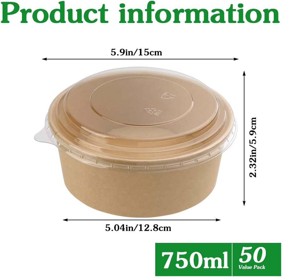 50 Pack 25 Oz Kraft Paper Bowls with Lid, Paper Salad Bowls, Disposable Food Container, to Go Food Container for Party, Salad, Soup, Ice Cream