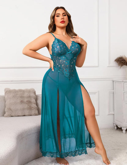 plus Size Lingerie for Women Sexy Lace Babydoll Long Lingerie Dress Side Split Nightgown