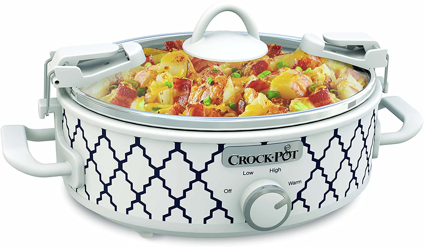 Small 2.5 Quart Casserole Slow Cooker in White/Blue, Enjoy Eye-Catching Quick Meals, Durable and Compact