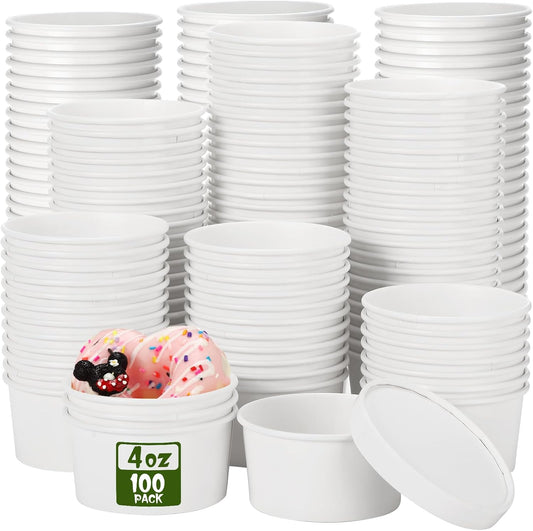 100 Pack Paper Soup Containers with Lids Disposable Paper Food Containers with Vented Lids Kraft Ice Cream Bowls Soup Cup Ice Cream Cups for Restaurants(4 Oz,White)