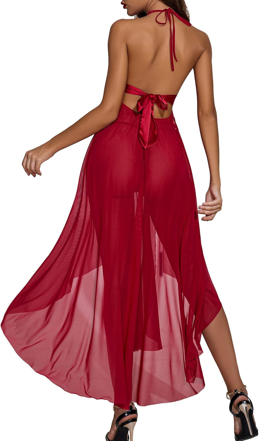 Women Lingerie Deep V Neck Nightwear One Piece Sexy Nightgowns Mosaic Lace Mesh Dress