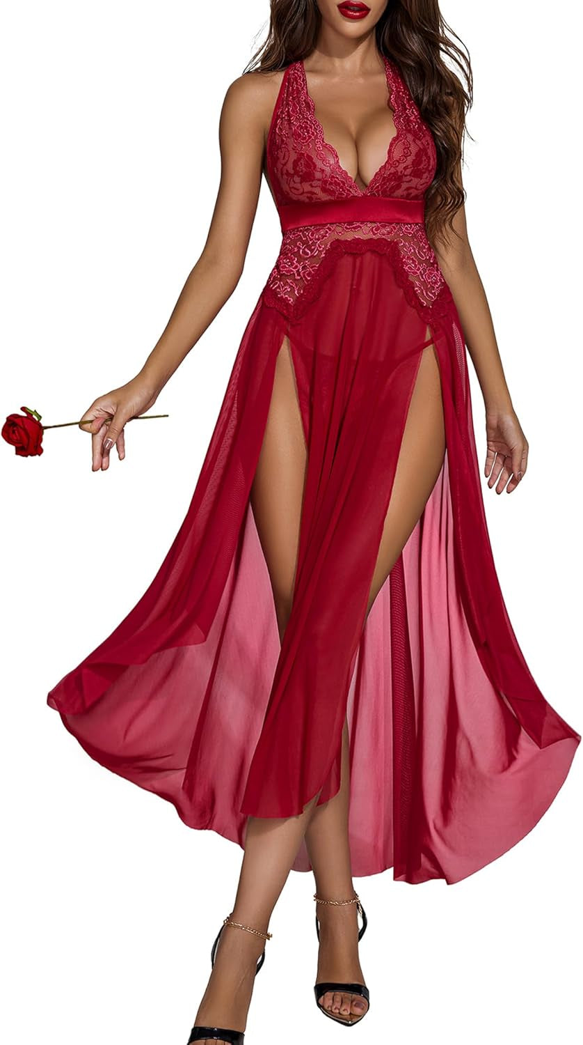 Women Lingerie Deep V Neck Nightwear One Piece Sexy Nightgowns Mosaic Lace Mesh Dress